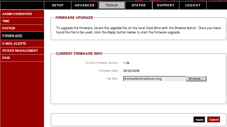The firmware upgrade page on the D-Link DNS-323 looks very similar: