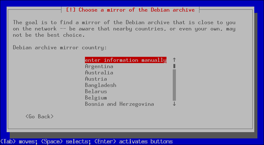 Debian installer: enter mirror manually